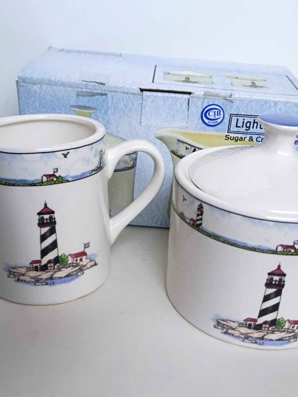 Stoneware Lighthouse Nautical Cream Sugar Set White Blue Coastal Tea Coffee Vtg